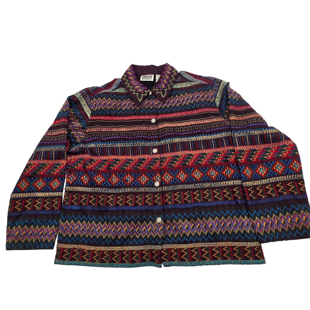 VNG Chico's Design Embroidered Jacket W 2 Burgundy Multi Geometric Boho Button